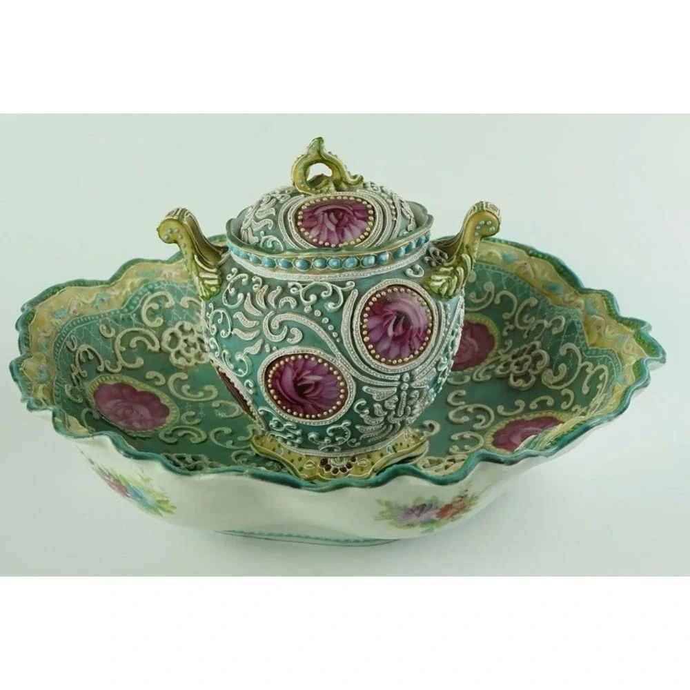 Antique Nippon Moriage Porcelain Lidded Jar and Bowl Set Pink Roses Teal 1890s